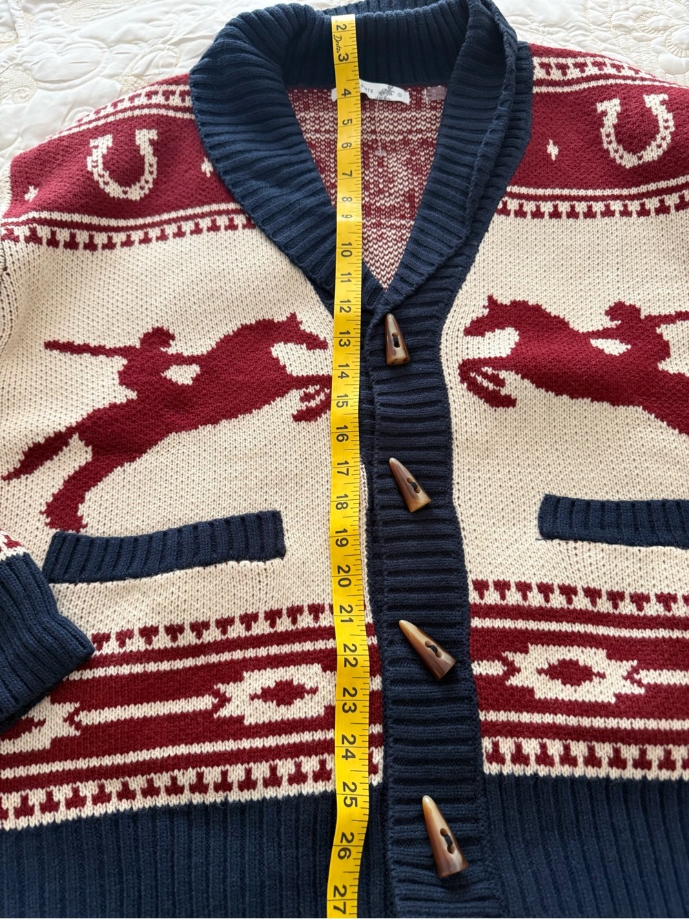 ALTAR’D STATE Horse Pattern Cardigan Sweater Cream, Navy & Burgundy - Picture 7 of 9